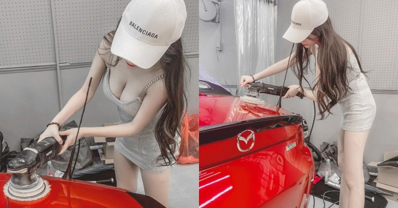 白皙長腿妹「彎腰爆乳」替汽車美容！「超火辣F奶」呼之欲出，網友大讚：想一起拋光【EV棋牌】-EV棋牌